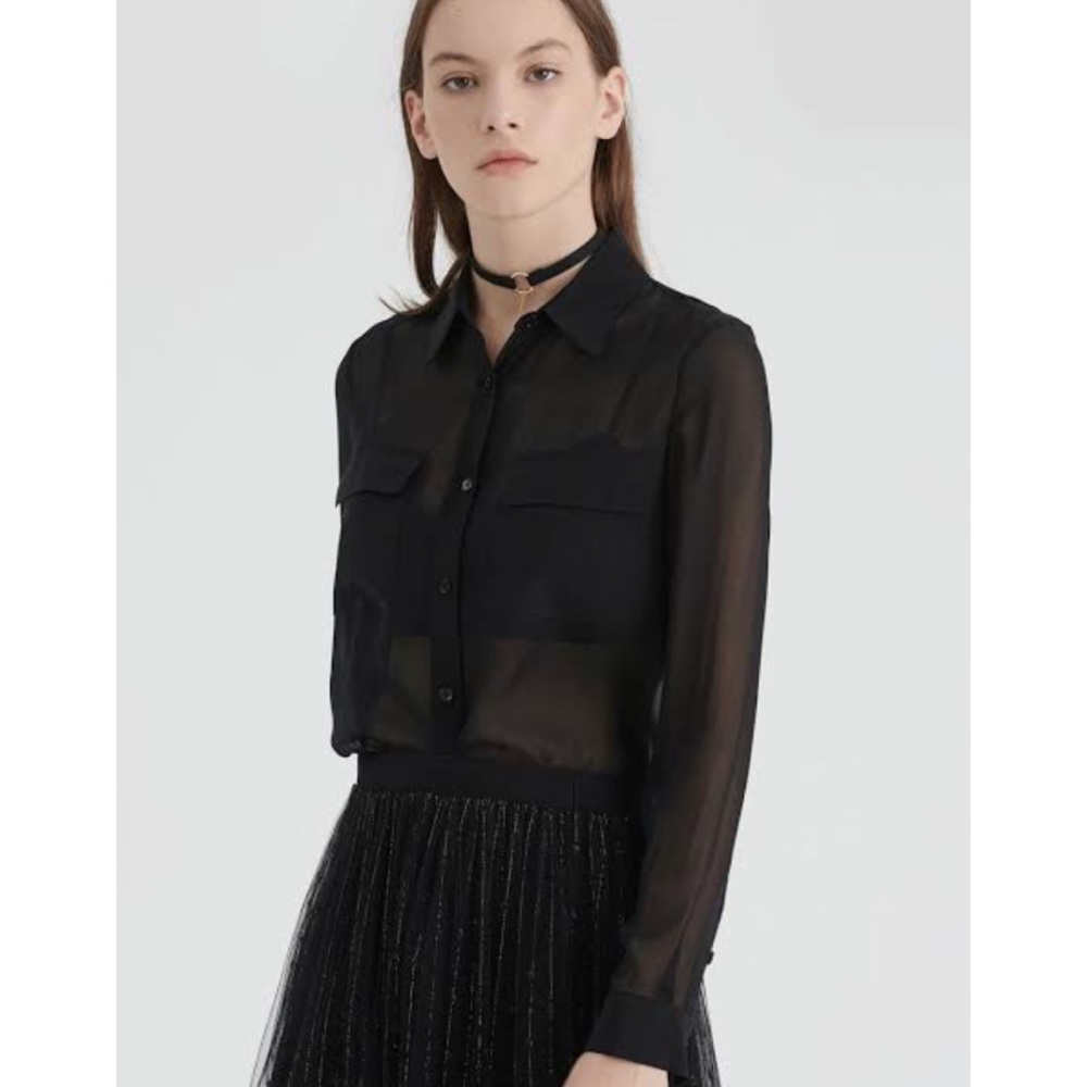 Double Pocket Semi Sheer Black Button Up Blouse